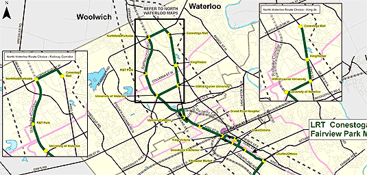 [Route map showing Kitchener and Waterloo]