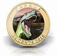 A 50-cent coin featuring an Albertosaurus. Yes this is a real coin.