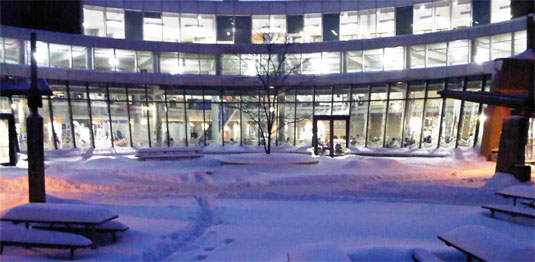 The Student Life Centre courtyard in winter.