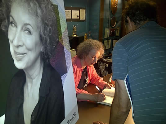Margaret Atwood signs books at the Humanities Theatre.