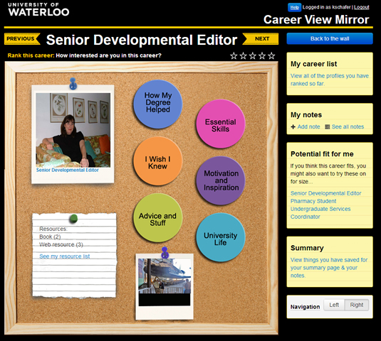 A screenshot of the Career View mirror application, showing a digital cork board and buttons.