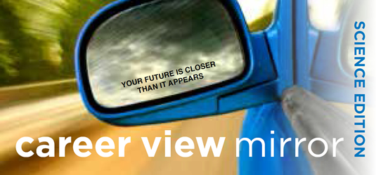 An illustration of a car's side view mirror with the caption "your future is closer than it appears."
