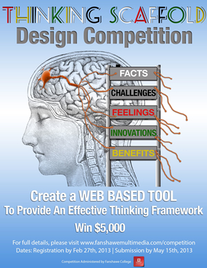 Thinking Scaffold Design Competition showing a human brain with a scaffold next to it with "Facts, challenges, feelings, innovations, benefits" on each rung of the ladder.