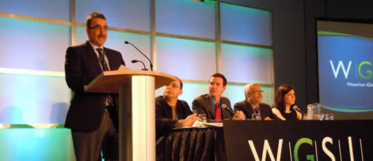 Feridun Hamdullahpur, Wilson da Silva, Jason Blackstock, Jatin Nathwani, Lauren Riga at Equinox Summit panel, Vancouver, Sunday, February 19, 2012.