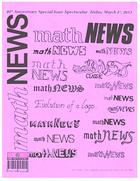 The March 1, 2013 issue of MathNEWS with a variety of past logos adorning the cover.