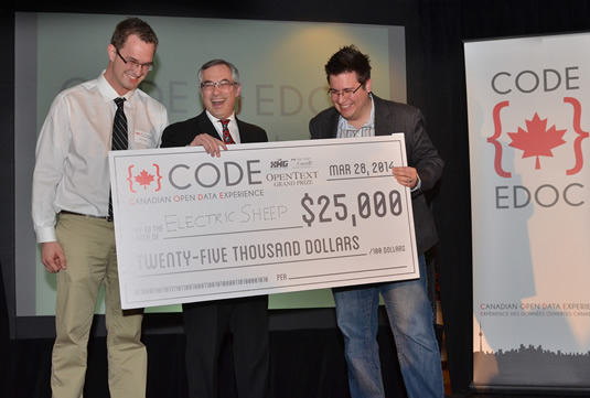 Team Electric Sheep, Minister Tony Clement, and an oversize cheque.