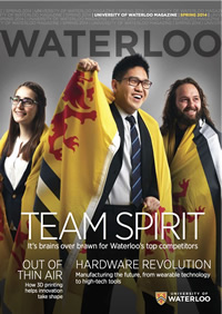 Waterloo Magazine cover image, showing students draped triumphantly in the university's flag.