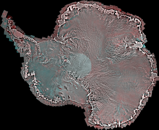 A satellite mosaic image of Antarctica.