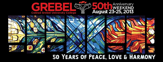 A poster for the Conrad Grebel anniversary weekend featuring stained-glass panels.