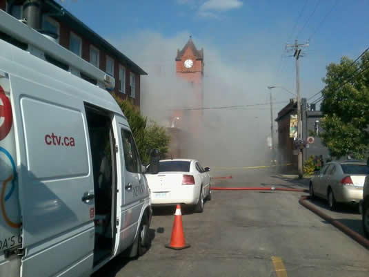 Ish and Chips burns in uptown Waterloo yesterday.