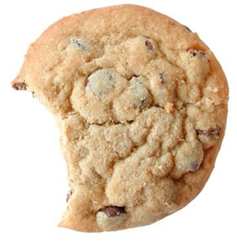 A chocolate-chip cookie with a bite out of it. Om Nom Nom.