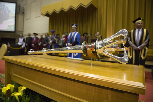 The University of Waterloo's mace as it resides during convocation ceremonies.