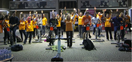 A spinning session takes place in the Student Life Centre.