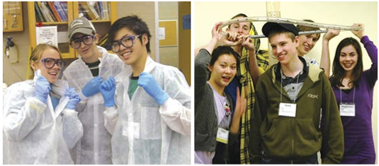 Participants in Waterloo Unlimited in lab coats and safety goggles.