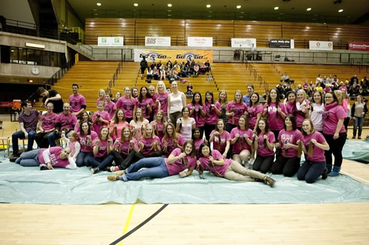 Think Pink campaign participants in the PAC after having their hair cut for charity.