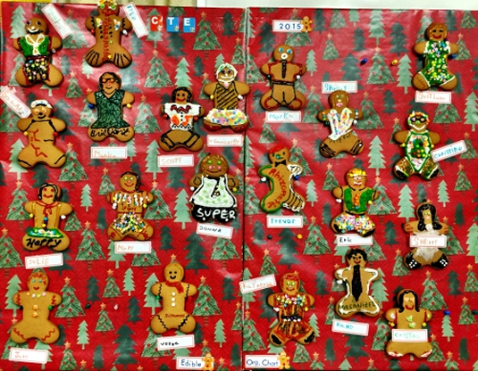 A departmental organizational chart made up of decorated gingerbread men.