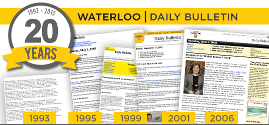 A collage of Daily Bulletins from 1993 to 2006, showing format changes