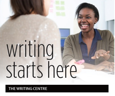 The Writing Centre's logo and tagline, "writing starts here".