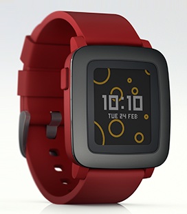 A Pebble Time smartwatch.